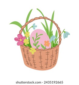 Cesta de Pascua con flores y huevo de Pascua. Concepto de primavera. Esbozo elemento dibujado a mano sobre fondo blanco. Ideal para decoración, pegatinas, saludos, banner y fondo