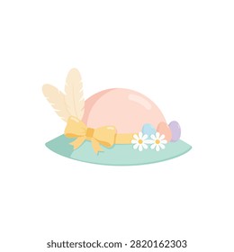 Pastel easter bonnet hat decorated with feathers and spring flowers and colorful eggs for holiday celebration on white background