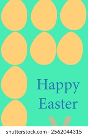 Pastel easter card with golden eggs and bunny ears on turquoise background. Easter card modern design