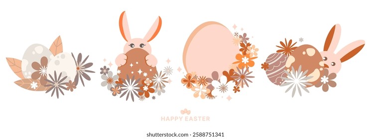 Pastel Easter Composition set with Decorative Eggs, bunnies and floral elements holiday theme. Vector illustration for greeting cards, print, sticker,emblems,invitations, website, social media designs