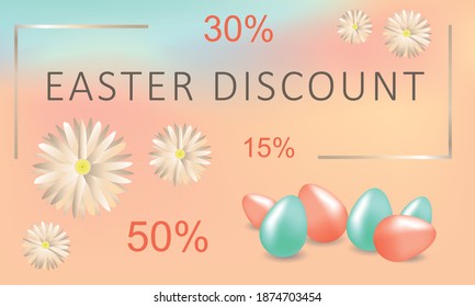 Pastel Easter discount banner design with colourful eggs and flowers. Vector illustration template.