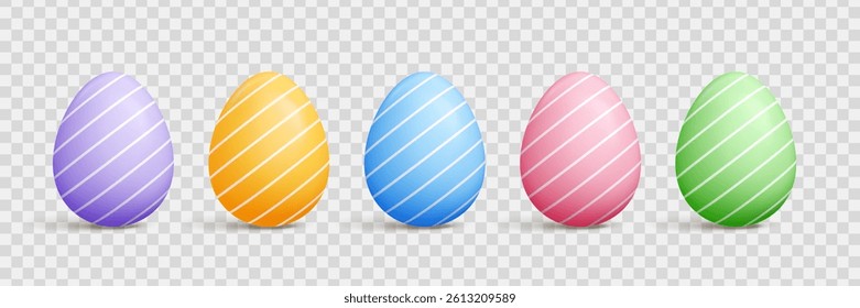 Pastel Easter egg 3d vector set - cartoon shapes with solid color, polka dots, strips and diagonal lines patterns, shadow on transparent background for seasonal spring holidays design.