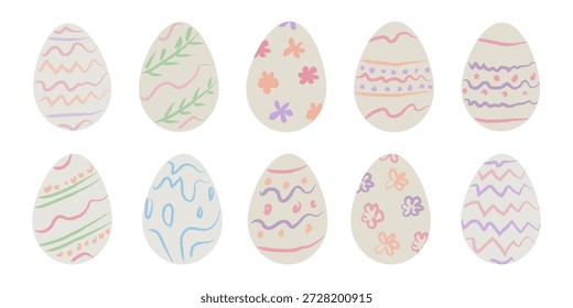 Pastel Easter ovo clipart conjunto com mão desenhado rabiscos de esboço imperfeito em cores molas macias. Caprichoso estilo coquette moda coleção de ovos de Páscoa. Ilustração vetorial isolada sobre fundo branco.
