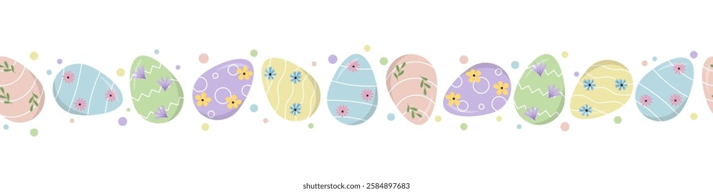 Pastel Easter Egg Seamless Border with Floral Decoration for Holiday Cards and Banners