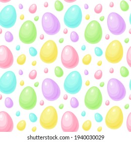 Pastel Easter eggs in different sizes on a repeating seamless white background. Vector illustration.