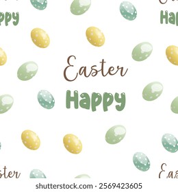 Pastel Easter Eggs and Holiday Text Design. Polka Dot Easter Eggs with Happy Easter Text. Colorful Eggs and Festive Typography Pattern
