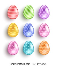 Pastel Easter eggs set with different patterns. Wave, hearts and stripes, dots and triangles ornaments. Vector illustration