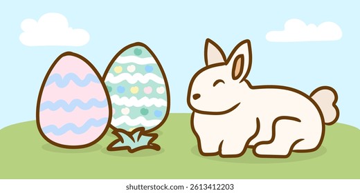 Pastel Easter Eggs with Smiling Bunny in Field