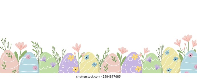 Pastel Easter Eggs and Spring Flowers Border Illustration for Holiday Banners and Invitations