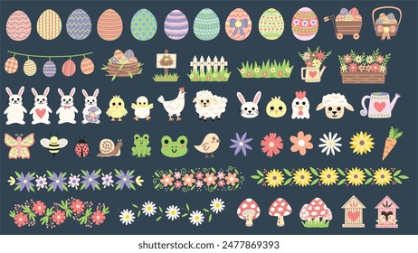 Pastellfarbener Ostergarten-Illustrationssatz. Ostereier, Osterhasen, Nutztiere, Frühlingsblumen und mehr. Handgezeichnete Vektorillustrationen.