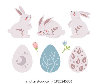 Pastel Easter kids clipart set, boho Easter rabbit and eggs, cute baby bunny isolated elements on white, cartoon vector illustration