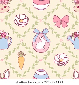 Pastel Easter Seamless Pattern, Vintage Spring Trellis Digital Paper, Coquette Easter Eggs Fabric File, Trendy Bunny and Flowers Repeat Pattern Design Vector