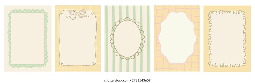 Pastellfarbenes Oster- und Frühlingskartenset mit handgezeichneten unvollkommenen Skizzenrändern, Jakobsmuscheln, Schleifen, Streifen und Gittern in Vintage-Farben. Coquette Schreibwaren, Scrapbooking, Notizen, druckbare Grußkarten.