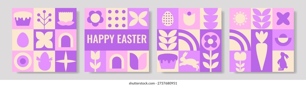Pastel easter tile grid with stylized rabbit egg flower carrot icons in flat geometric blocks, soft violet and cream palette evokes cheerful spring mood for greeting