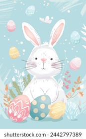 Pastel easter vector illustration, cute easter bunny and easter eggs, colorful vector, easter greeting card design