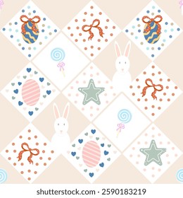 A pastel Easter-themed pattern featuring decorated eggs, bows, stars, hearts, lollipops, and bunny illustrations on a beige background.