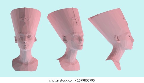 Pastel Egyptian Queen Nefertiti. Set of Pink Cleopatra Sculptures on Pastel Blue Background. Low Poly Vector 3D Rendering