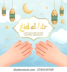 Pastel Eid al-Fitr greeting card with lanterns, crescent moon and praying hands. Ideal for Islamic holiday promotions, community event, greeting cards and social media campaigns, etc.