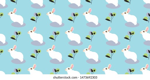 Pastel elegant floral easter rabbit pattern with plant in blues and green pastel tones. Simple geometric classic style. Great for home decor, paper goods, stationary and fashion. Vector.