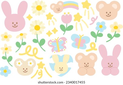 Pastel elements of bunny rabbit, teddy bear, butterfly, flower, rainbow and star for sticker, logo, social media post, print, icon, banner, frame, ads template and decoration