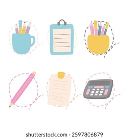 Pastel Elements Set of Office School Stationery Pencil Pen Paper Notes Calculator with Lines