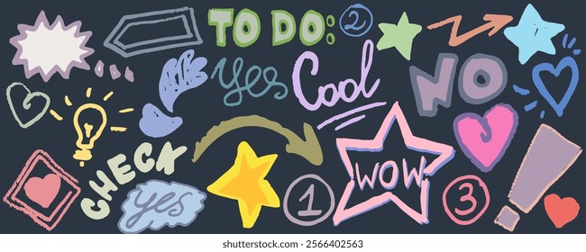 Pastel elements: stars, harts arrows and exclamation mark. Words in English: “Yes”, “no”, “important”, “today”, “cool”. Hand draw, doodle with texture, vector, isolated.