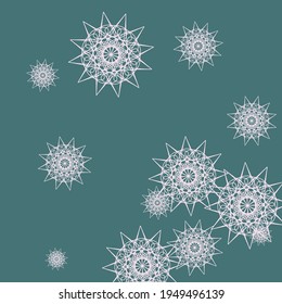 Pastel Emerald Green New Year Wallpaper. Chaotic Stars Dark White Christmas Sky Background. Sharp Cold Light Pink Winter Turquoise Pattern. Snowflakes Print Night Luxury Mandala Illustration.