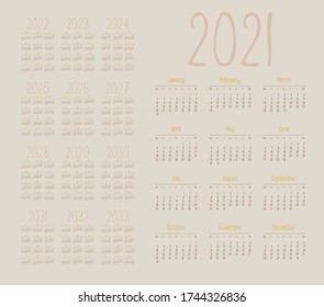 Pastel english calendar for years 2021-2033, week starts on Sunday