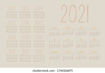 Pastel english calendar for years 2021-2033, week starts on Sunday