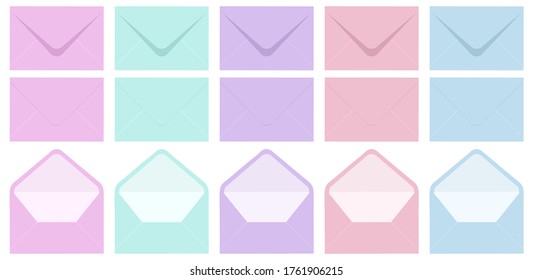 Pastel envelopes set. Open and sealed invitation or letter envelopes of gentle colors. Isolated vector objects on white background. Communication and informing concept