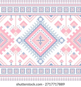 Padrão geométrico étnico pastel com cores suaves rosa e azul, criando um design harmonioso e vibrante