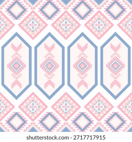 Pastel ethnic geometric pattern featuring diamonds and floral motifs in soft colors, creating harmonious and soothing design