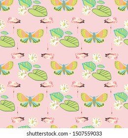 Pastel exotic jungle flamingo geometric seamless summer pattern. Boanical leaf and flamingo bird in pastel green and pink tones. For fashion, fabric, wallpaper, packaging design, stationary.