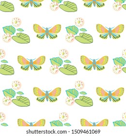 Pastel exotic jungle flamingo geometric seamless summer pattern. Boanical leaf and butterfly in pastel green and pink tones. For fashion, fabric, wallpaper, packaging design, stationary.