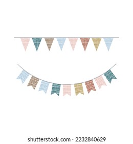 Pastel fabric flags vector illustration. Festival  party bunting decoration. Decorative banner on white background.