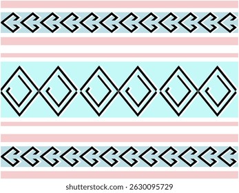 Padrão de tecido pastel com listras azul-rosa, adornado com desenhos geométricos de estilo tribal, com bordas de seta e diamantes sobrepostos para uma aparência dimensional.