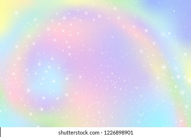 Pastel Falling Snow Glow Star Background. Colorful Sky Holographic Cloud Rainbow Christmas New Year Celebration Vector