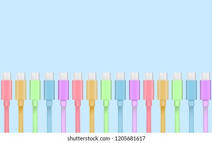 Pastel or Fancy Color of Micro USB Smart Phone Charger Cable Mockup Isolate on blue background with copy Space for insert text.