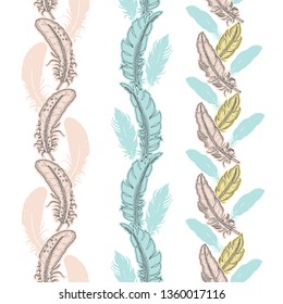 Pastel Feathers Vertical Vector Seamless Border Set