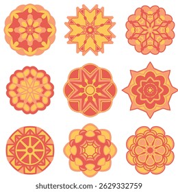 Pastel fiery red yellow orange mandala set. Color palette inspired by fire and flames. Applicable to many fields for relaxation, meditation, icons, stickers, and graphic design. EPS 10.