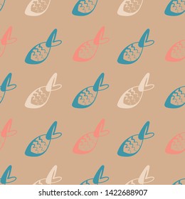 Pastel fish on camel background vector seamless pattern. 