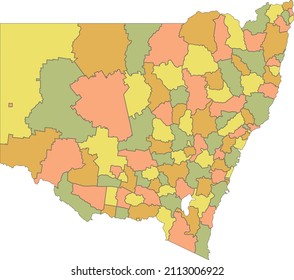 Mapa administrativo del vector plano y plano Pastel de las áreas de gobierno local del estado australiano de NUEVA GALES DEL SUR, AUSTRALIA con líneas de frontera negra de sus áreas