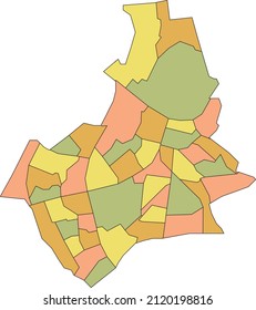 Pastel flat blank vector administrative map of NIJMEGEN, NETHERLANDS with black border lines of its neighborhoods