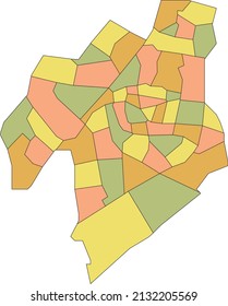 Pastel flat blank vector administrative map of LEIDEN, NETHERLANDS with black border lines of its neighborhoods