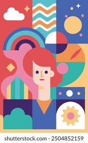 Pastel flat color artwork with geometric patterns and soft fluid shapes.