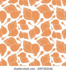 Pastel flat silhouette sea shells seamless pattern for fabric, textile, apparel, cloth, interior, stationery, package. Orange handmade aquatic endless texture. Tropical ocean shells editable design.