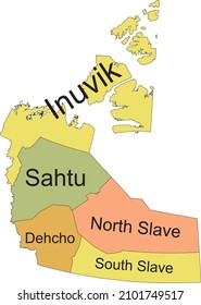 Pastel flat tagged vector administrative map of the Canadian territory of NORTHWEST TERRITORIES, CANADA with black border lines and name tags of its regions