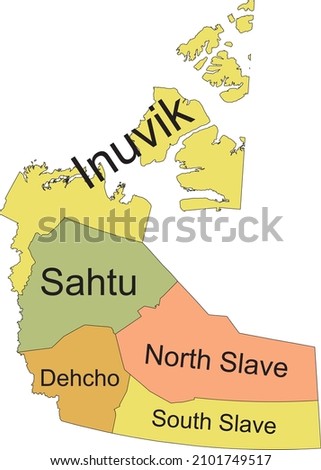 Pastel flat tagged vector administrative map of the Canadian territory of NORTHWEST TERRITORIES, CANADA with black border lines and name tags of its regions