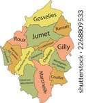 Pastel flat vector administrative map of CHARLEROI, BELGIUM with name tags and black border lines of its municipalities