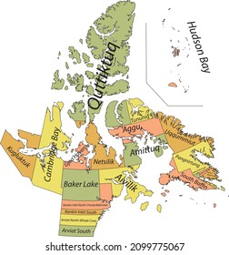 Pastel flat vector administrative map of the territorial electoral districts of Canadian territory of NUNAVUT, CANADA with black border lines and name tags of its districts